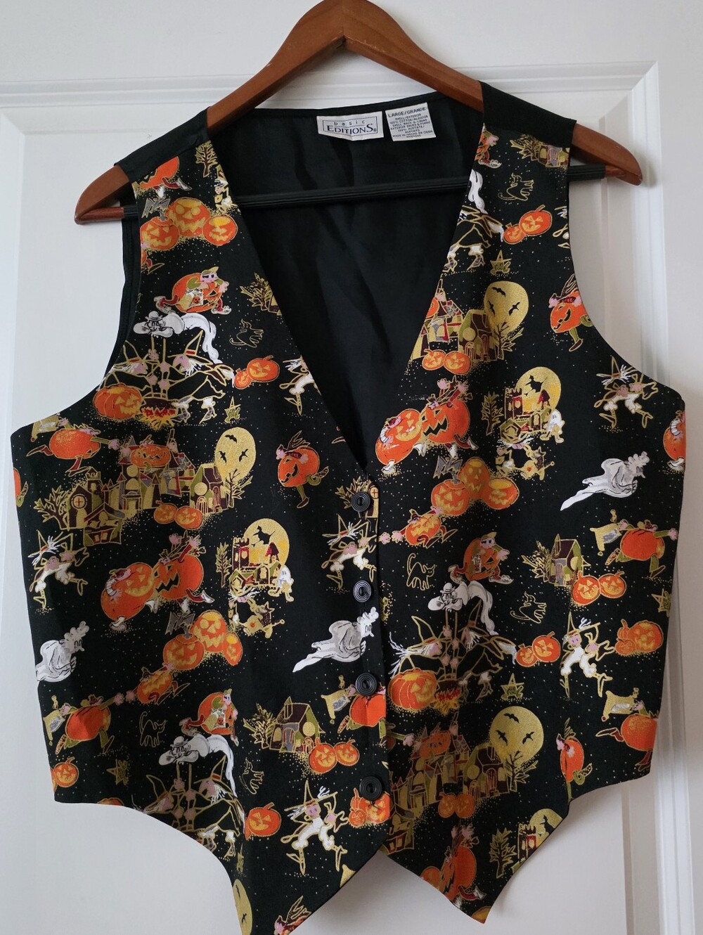 Vintage 90s Halloween Vest Basic Editions Womens L Ghost Pumpkins Witches Gothic